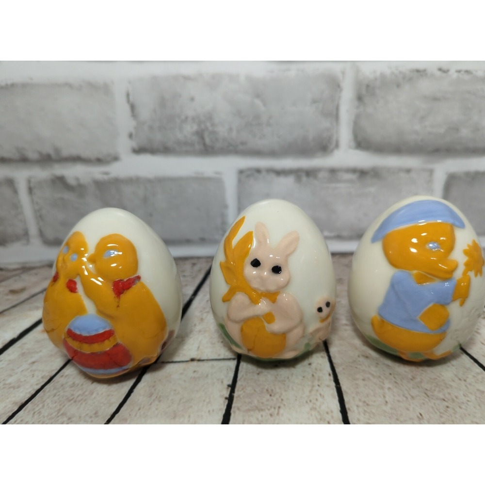 Lot 3 hand painted Easter eggs bunnies ducks ceramic class vintage
